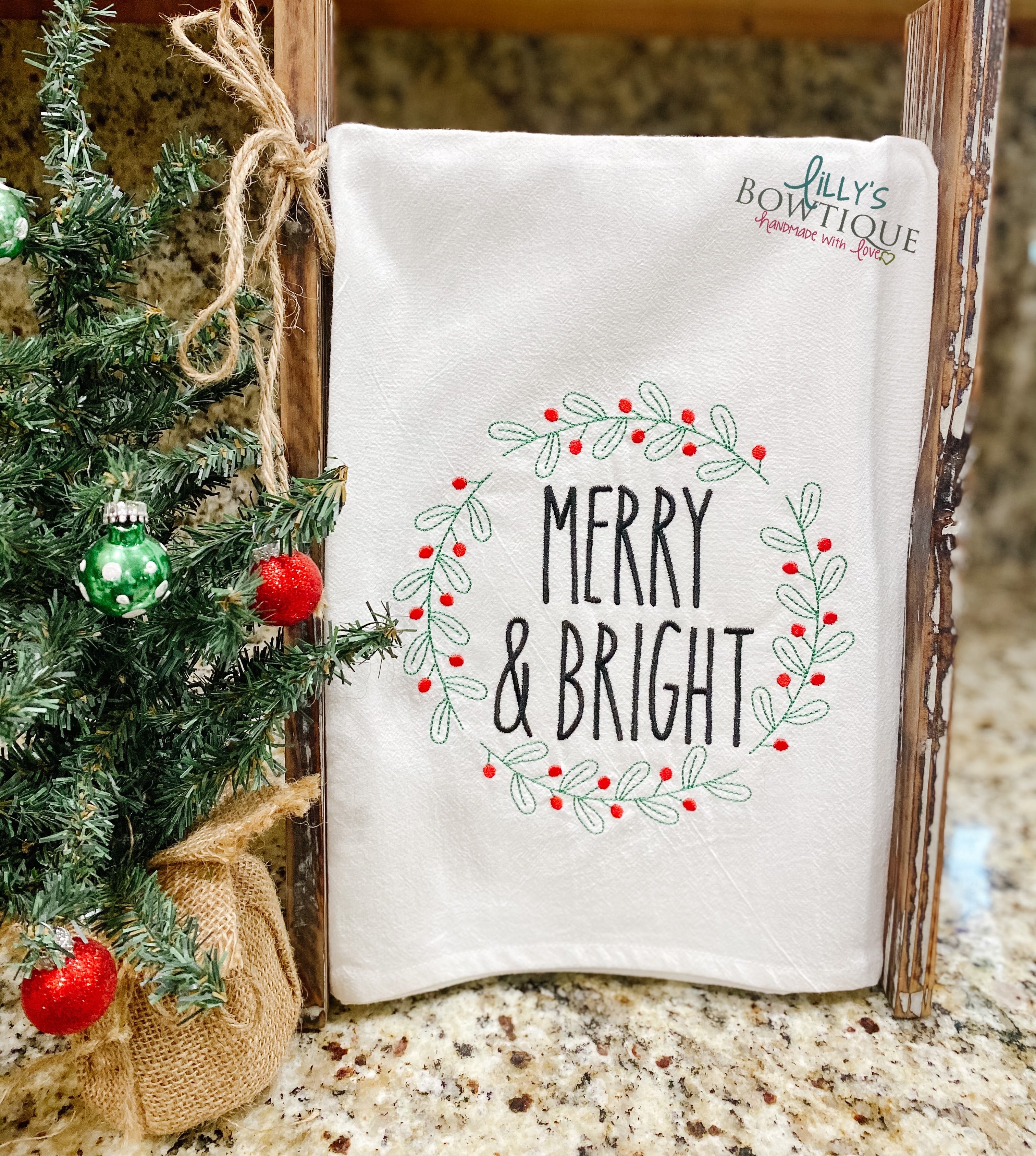 Embroidered Merry and Bright Linen Dish Towel