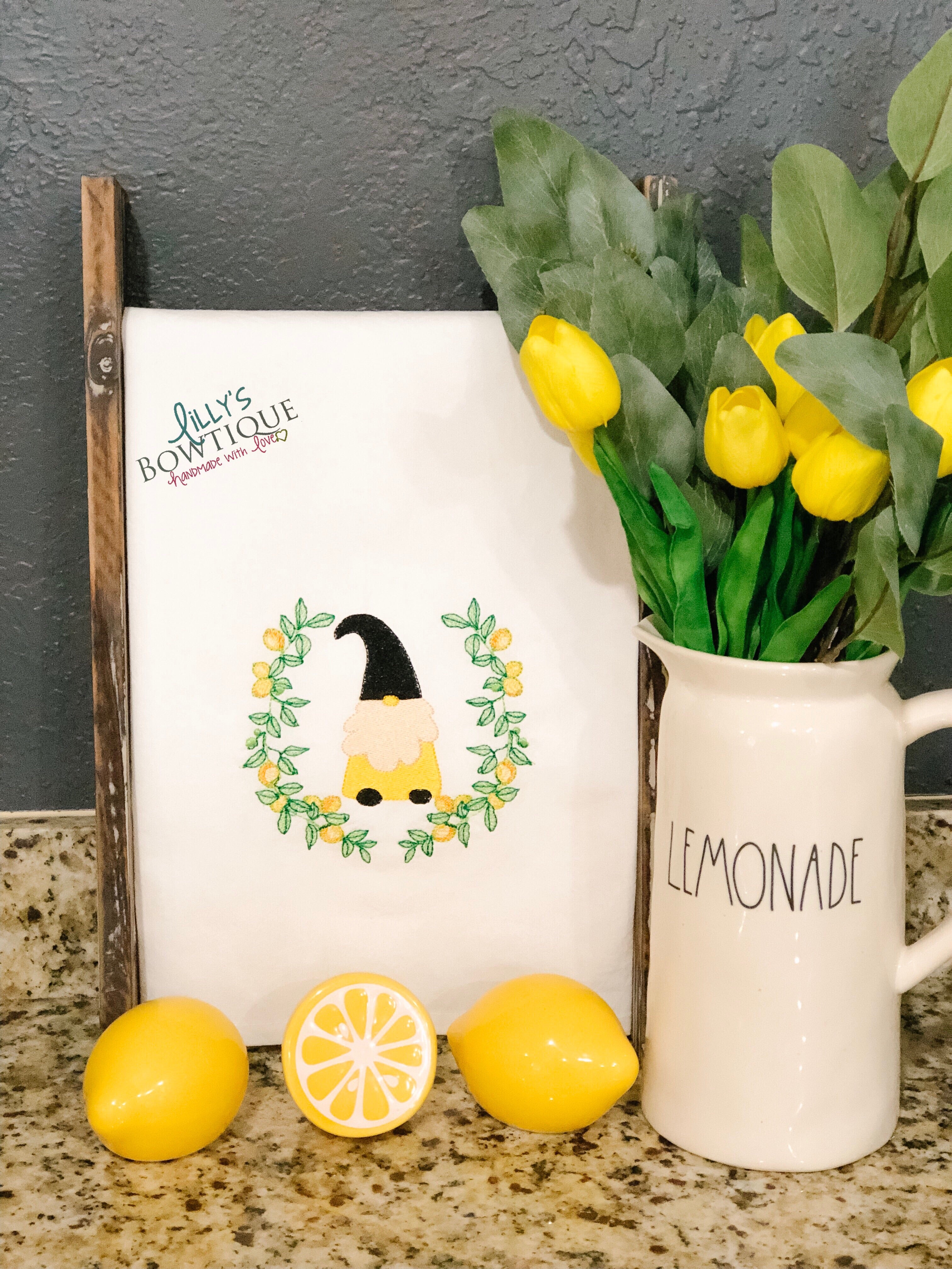 Lemon Gnome Embroidered Dish Towel